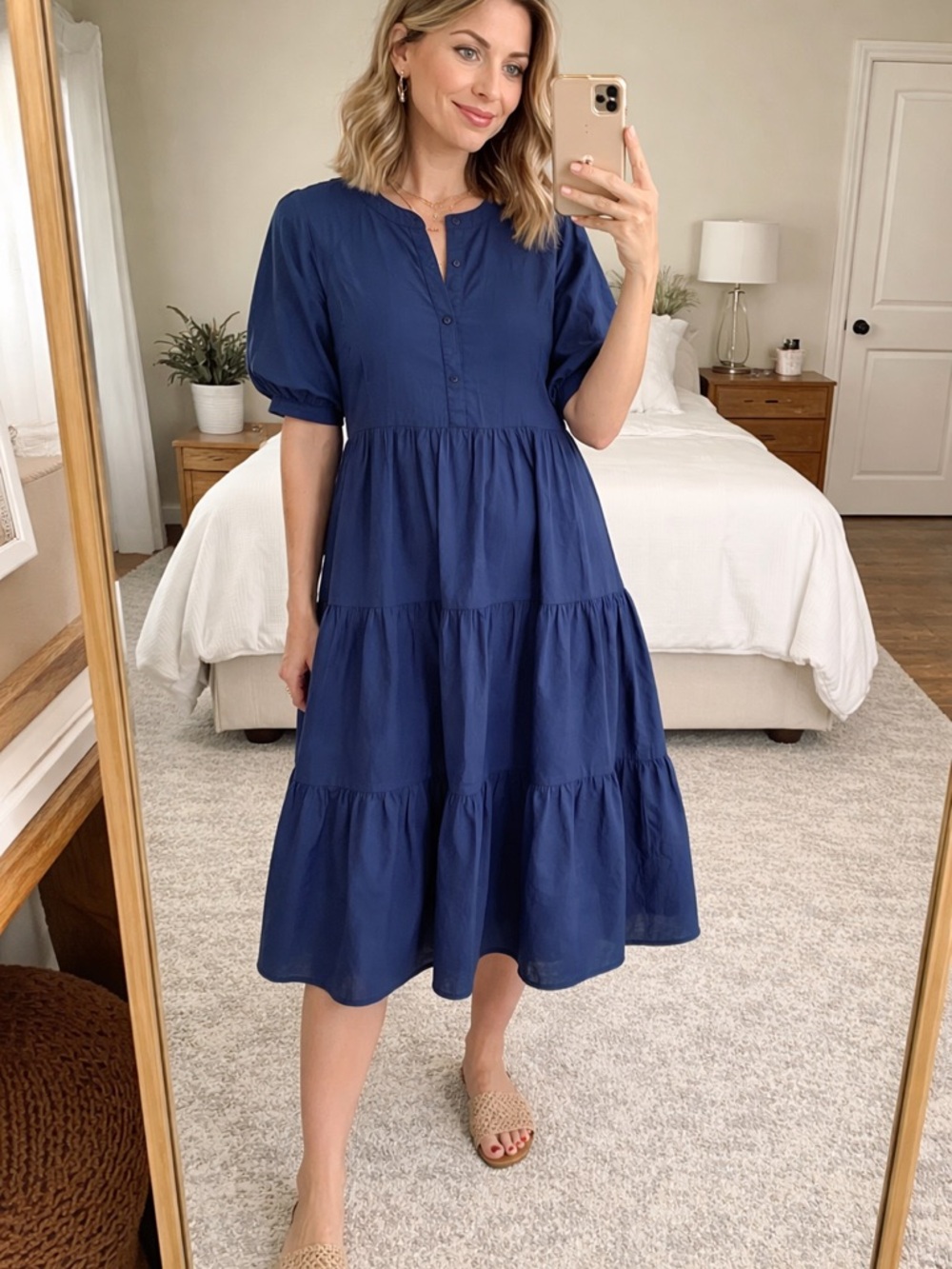 English Factory Deep Blue Tiered Midi Dress with Puff Sleeves NWT